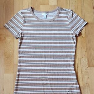 2/$15 Just Be Tan & White Striped Dress, Large